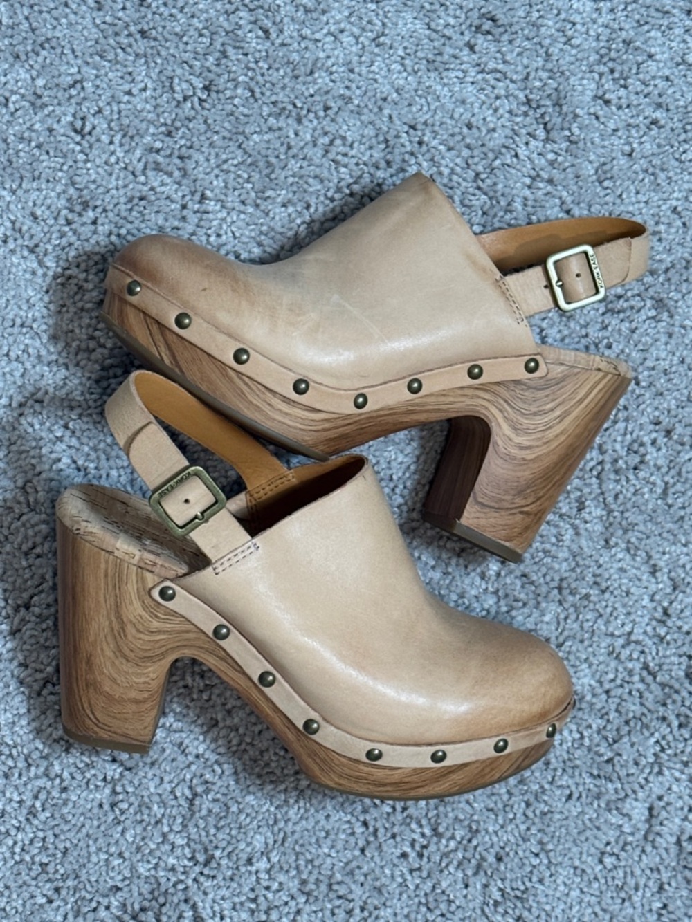 Kork-Ease Beige Leather Slingback Mule Clog Heels Size 7